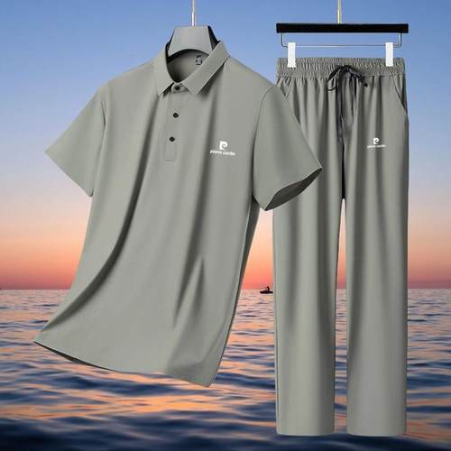 皮尔卡丹2025夏季新款男士桑蚕丝短袖套装时尚休闲冰丝速干t恤男