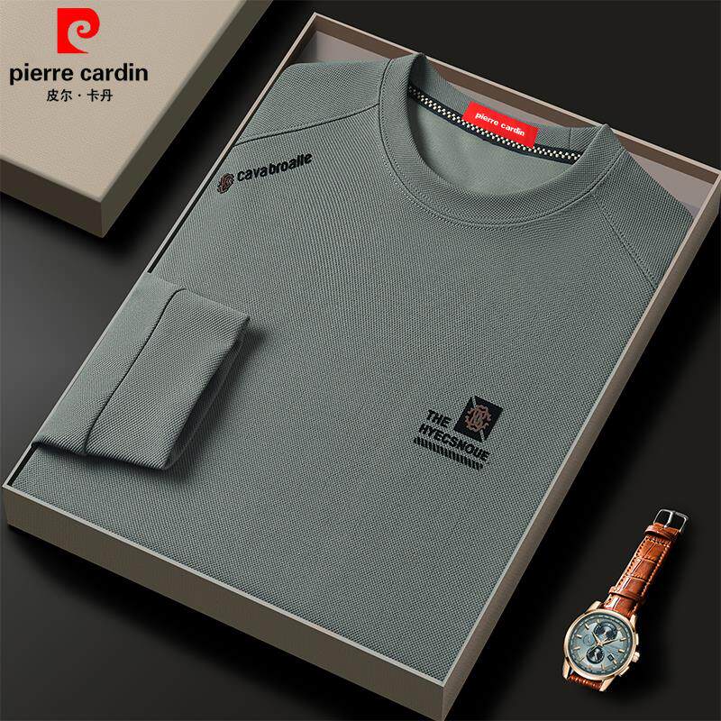 皮尔卡丹高档男士长袖T恤春季桑蚕丝薄款卫衣休闲宽松圆领打底衫