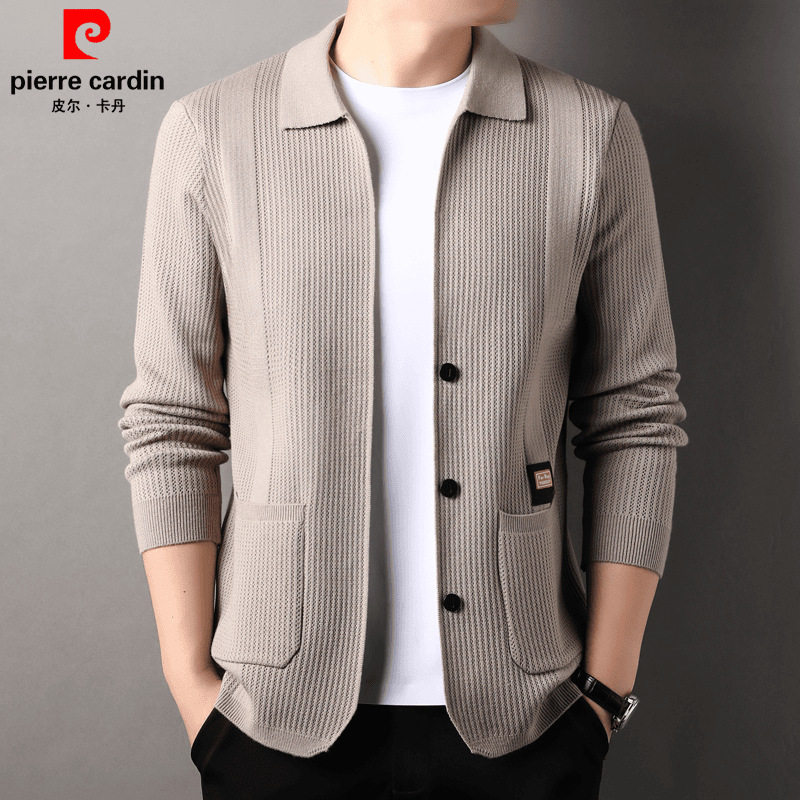 皮尔卡丹高档针织开衫外套男士春秋新款翻领宽松休闲薄款针织夹克