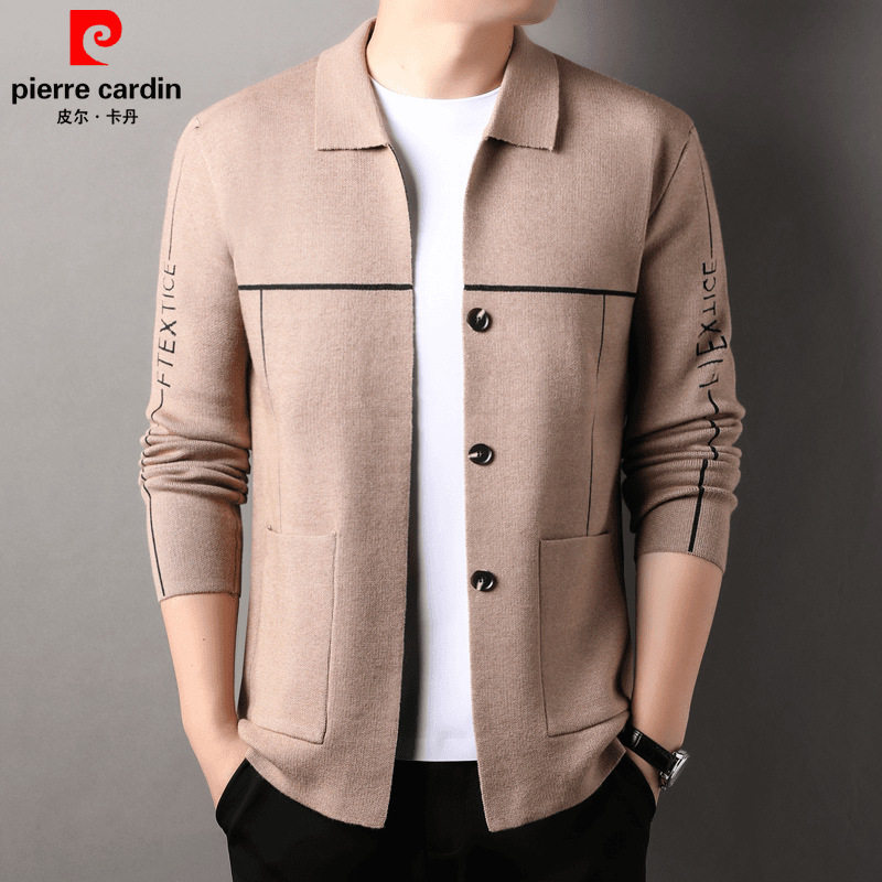 皮尔卡丹开衫外套男士春秋针织翻领宽松休闲薄款毛衣夹克短款上衣