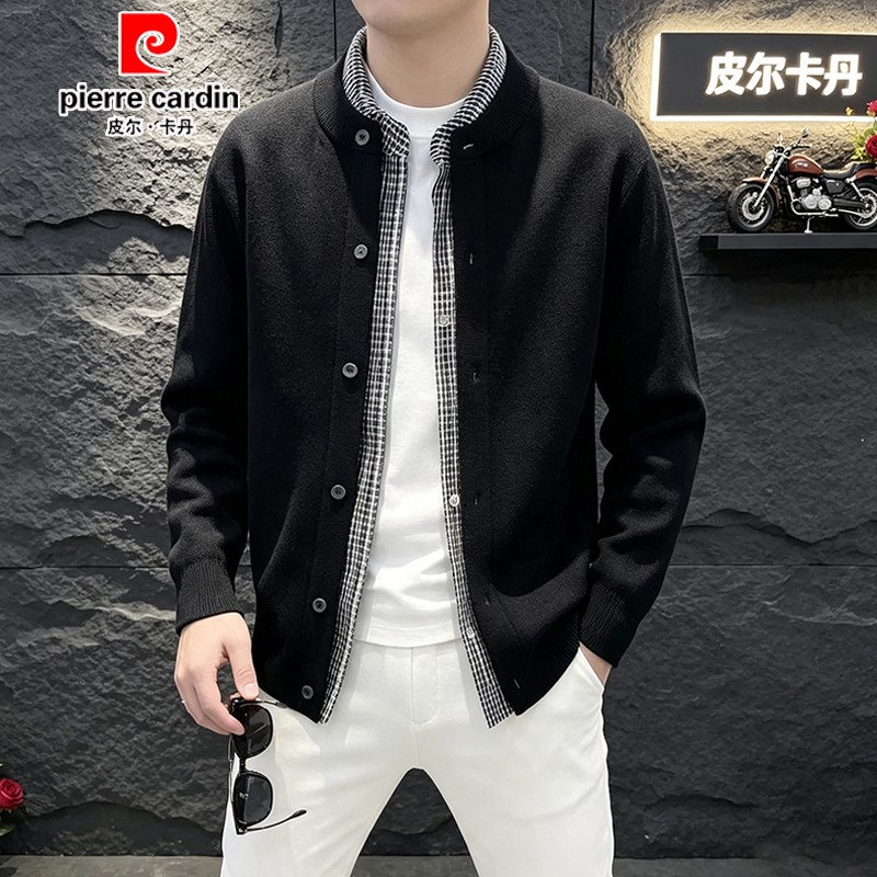 皮尔卡丹男士春秋时尚休闲针织开衫百搭外穿毛衣假两件夹克外套男
