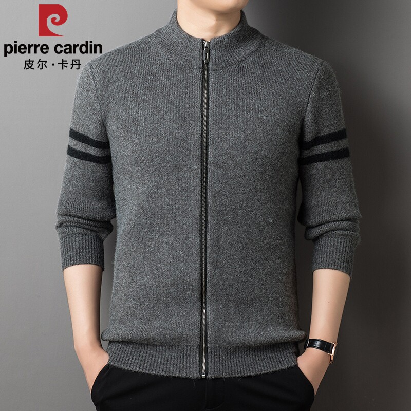 皮尔卡丹春秋季高档男士针织衫外套中青年立领加厚保暖开衫毛衣男