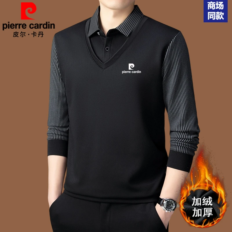 皮尔卡丹秋冬加绒加厚假两件POLO衫男士保暖卫衣长袖T恤打底衫男