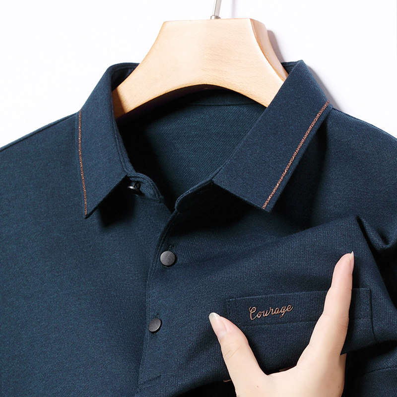 皮尔卡丹秋季男士长袖t恤纯棉宽松中年爸爸装翻领薄款polo衫