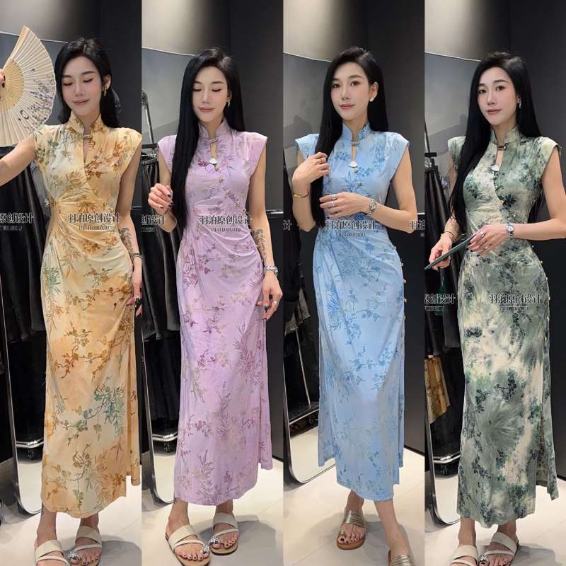 盘扣国风植绒改良旗袍连衣裙女