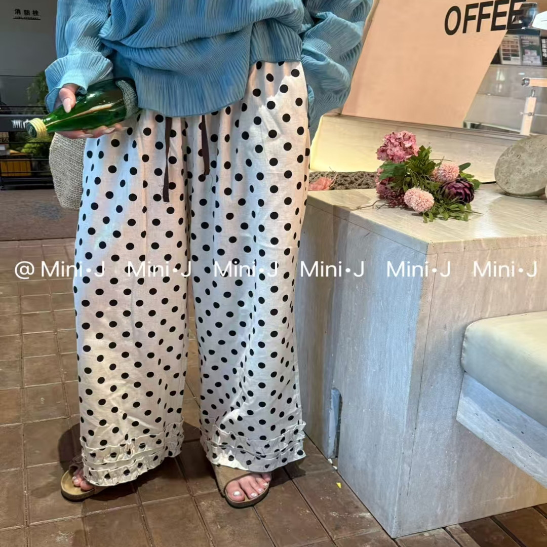 波点花边拼接休闲裤女阔腿裤
