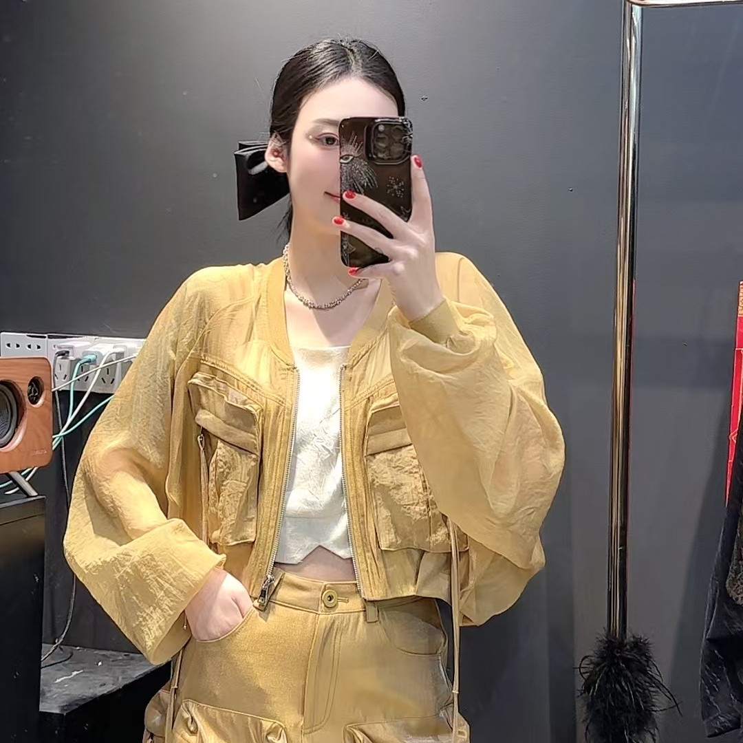 欧洲站2025春季新款时尚圆领拉链拼接短款外套女宽松显瘦防晒上衣