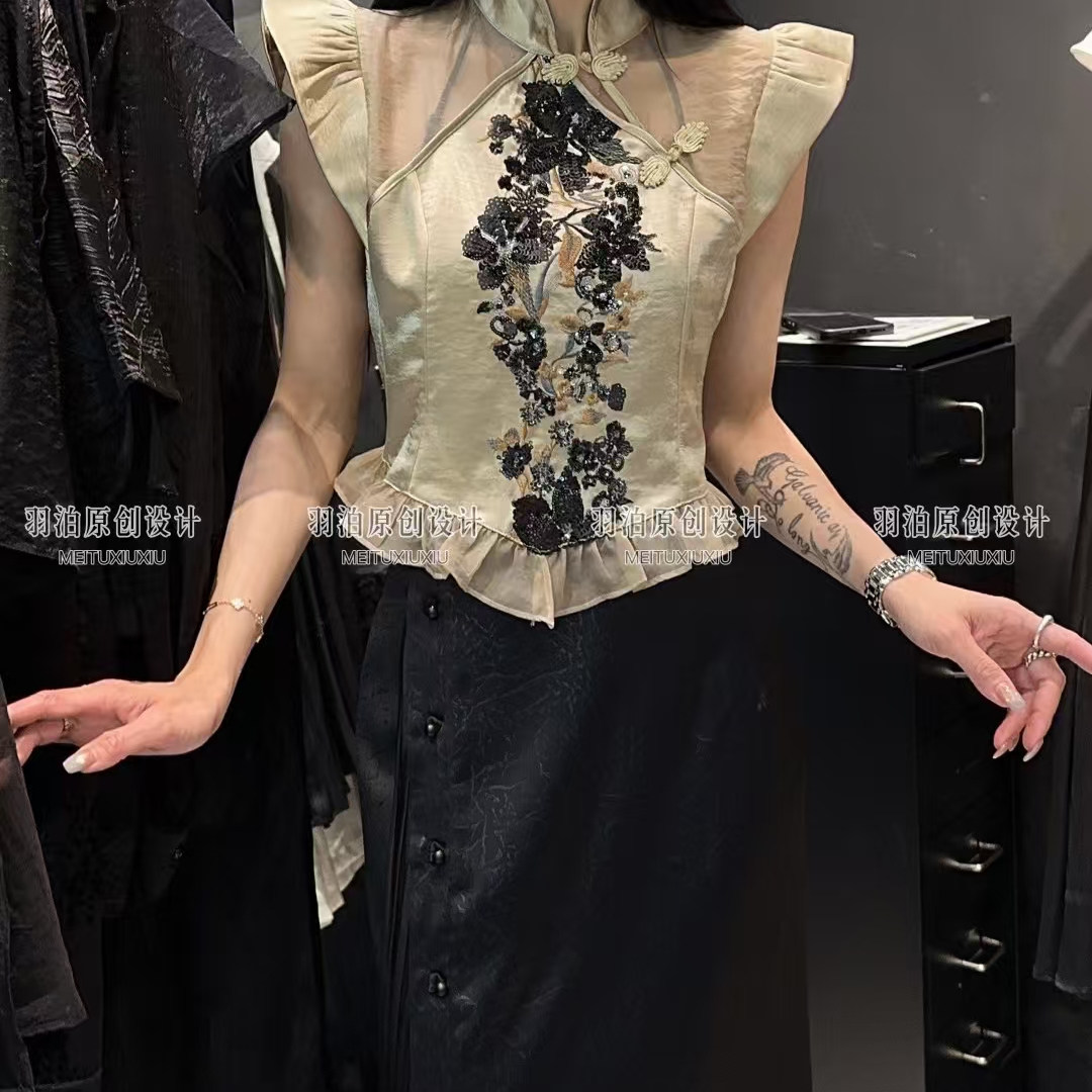 立领盘扣飞飞袖亮片修身衬衫上衣