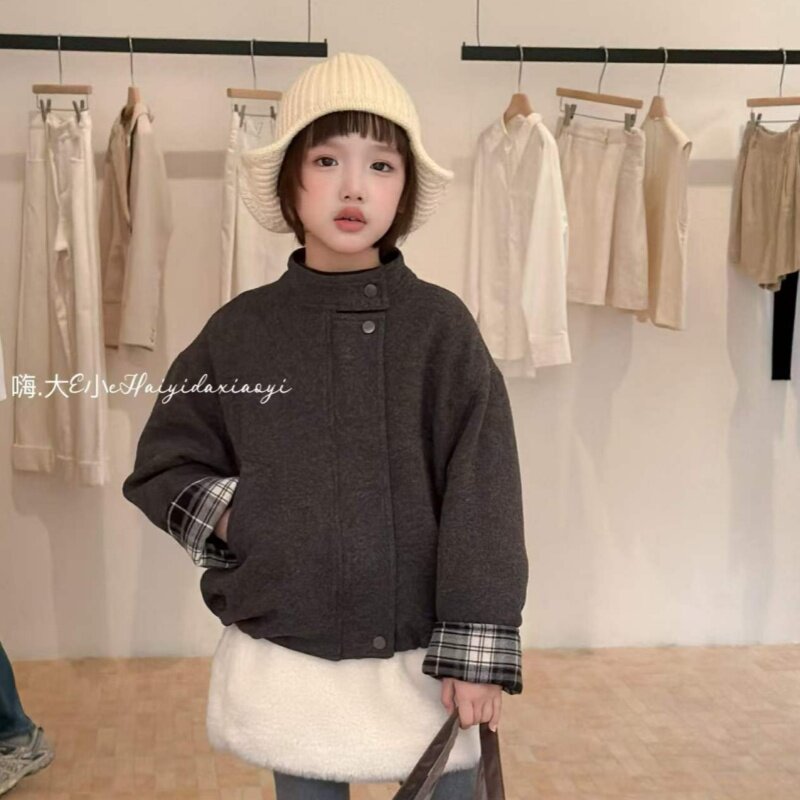 大E小e儿童夹棉毛呢大衣2026冬韩版女童短款加棉夹克潮上衣26188