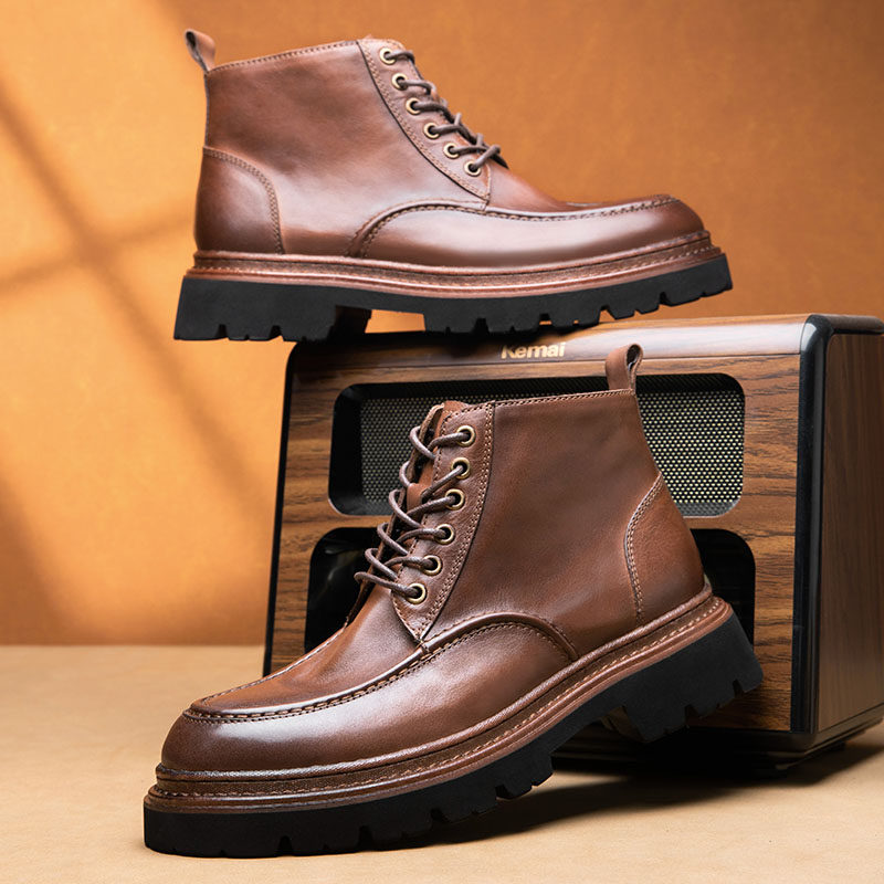 机车真皮马丁靴男复古风英伦增高拉链厚底工装靴男士牛皮短靴轻便