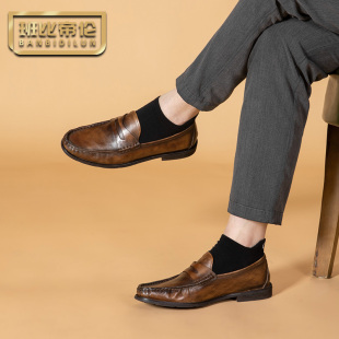 牛皮透气手工英伦复古休闲皮鞋 懒人鞋 男一脚蹬 男士 软底真皮乐福鞋