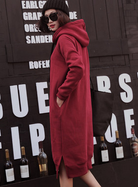 连帽卫衣裙女秋冬加绒2025新款韩版宽松休闲长款过膝打底连衣裙