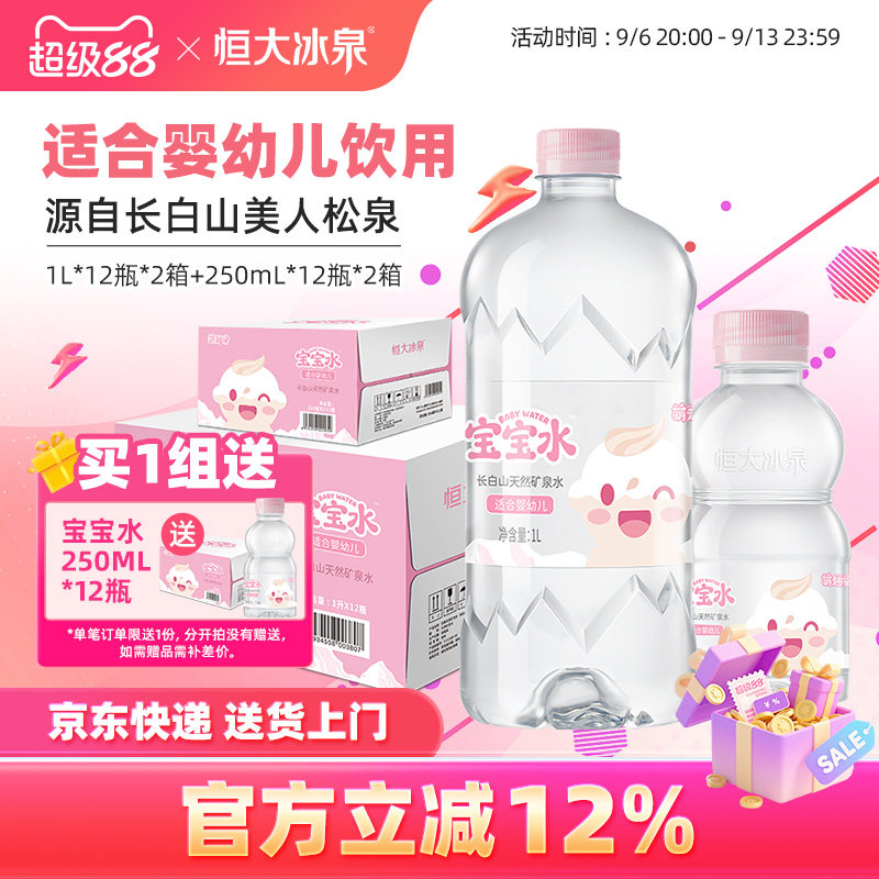 恒大冰泉宝宝水母婴儿童泡奶长白山低钠天然矿泉水饮用水1L*12瓶图片