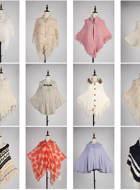 DA228古着vintage中古针织毛线流苏复古风田园风文艺春秋披肩斗篷