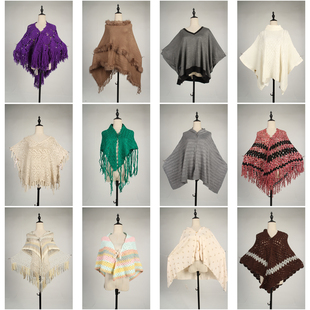 DA386古着vintage日系甜美文艺森系女装春秋针织毛线流苏披肩斗篷