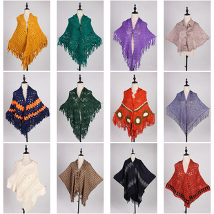 DA390古着vintage日系甜美文艺森系女装春秋针织毛线流苏披肩斗篷