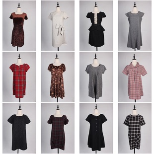 BX109古着vintage日系格子文艺风秋冬毛呢中长款复古风短袖连衣裙