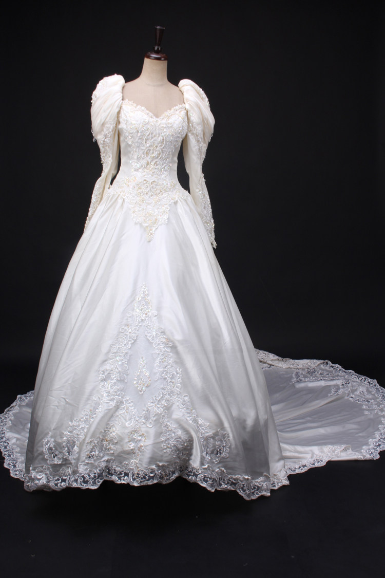 LF12-00212古着vintage复古钉珠亮片立体花朵大拖尾婚纱礼服晚装