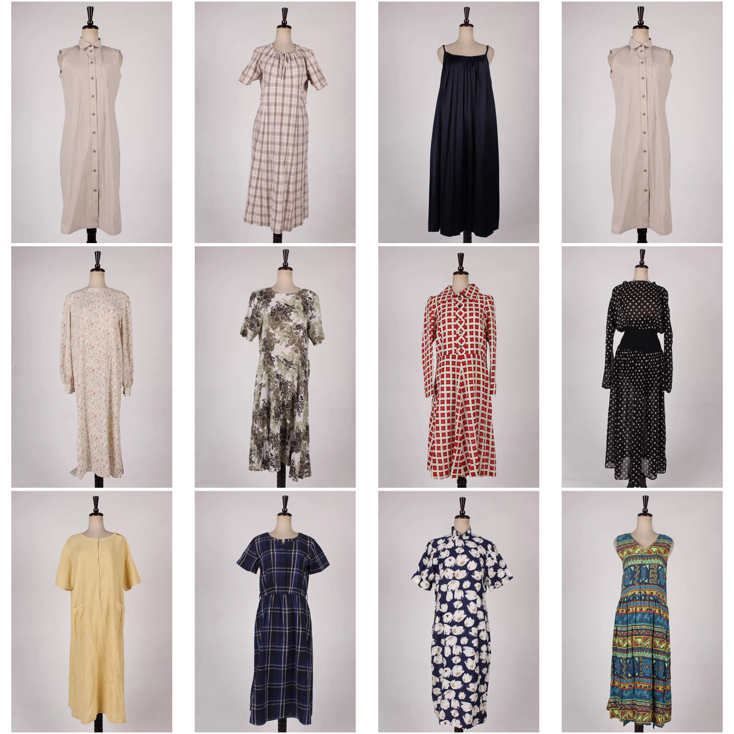 vintage古着日本制春夏中古碎花格子条纹文艺复古女装连衣裙H625