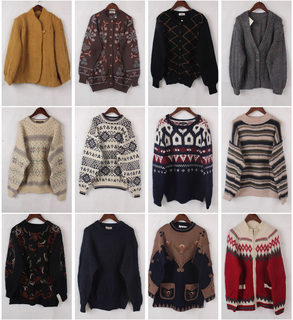 vintage古着日本制冬季撞色图案羊毛套头开衫男女孤品毛衣X192