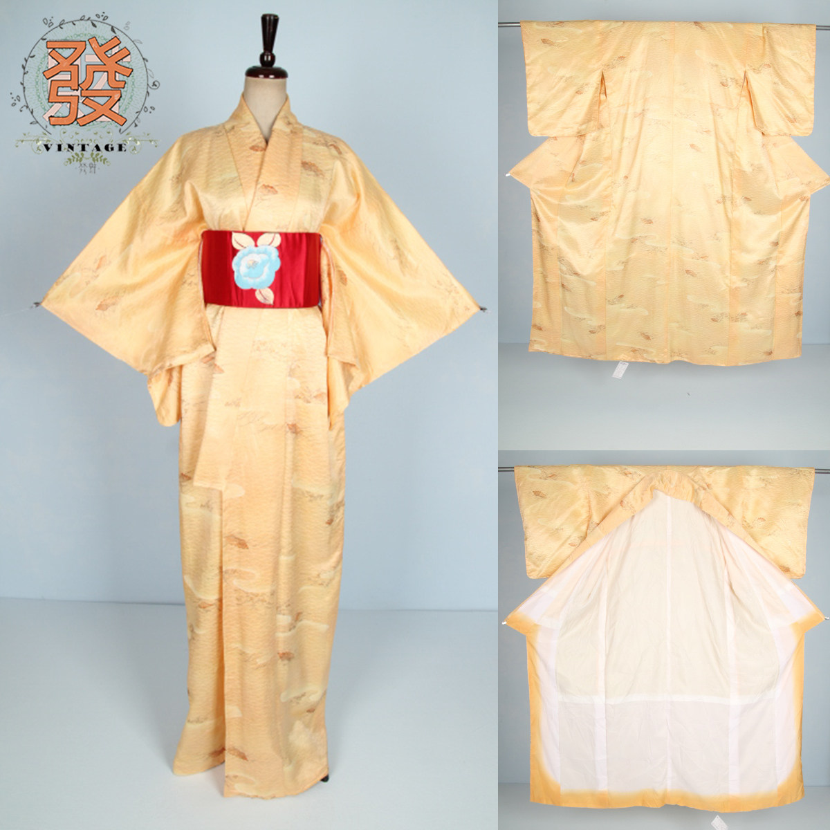 vintage风古着亮黄色暗纹和服
