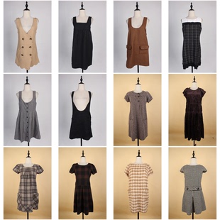 BX104古着vintage日系格子文艺风秋冬毛呢中长款复古风连衣裙