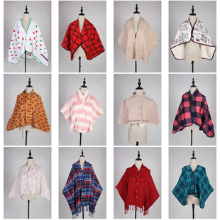 DA297古着日系vintage秋冬旅行保暖度假闺蜜装 格子复古披肩斗篷女