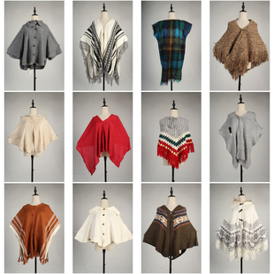DA385古着vintage日系甜美文艺森系女装春秋针织毛线流苏披肩斗篷