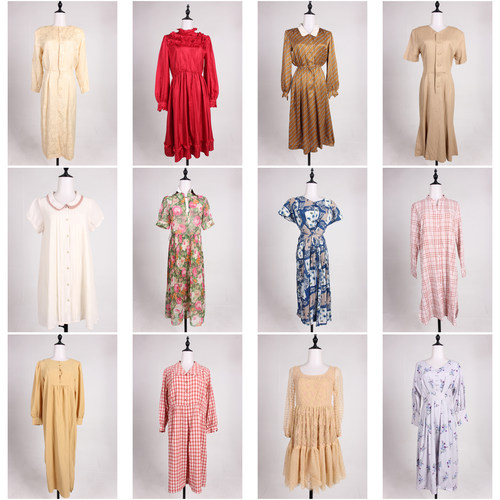LK156古着vintage日系中古法式复古风春夏花色中长款连衣裙女