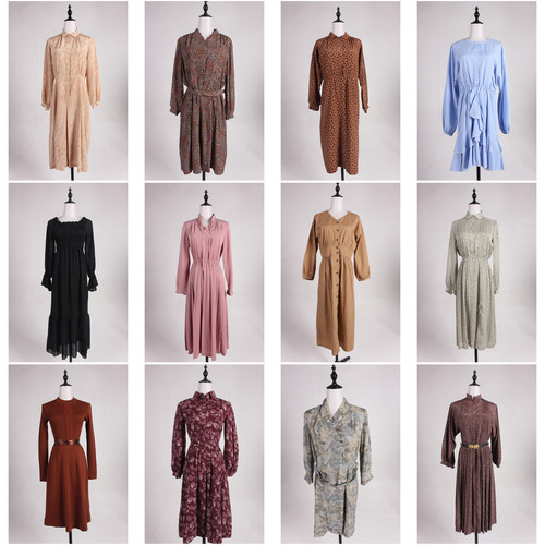 LK166古着vintage日系中古法式复古风秋季花色中长款长袖连衣裙女