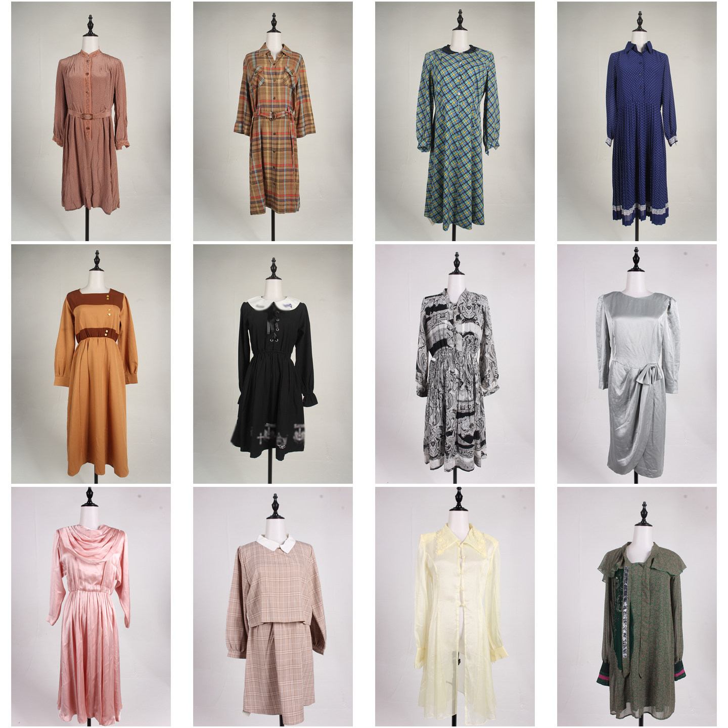 LK131古着vintage日系中古春秋复古风轻熟女装长袖中长款连衣裙女