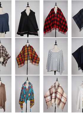 DA202古着vintage日系春秋保暖百搭女士中古复古风格子披肩斗篷