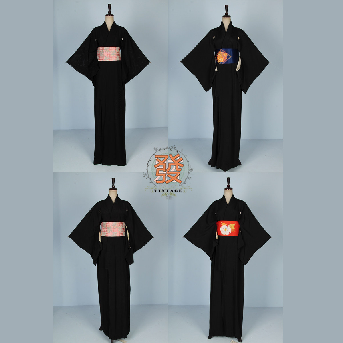 vintage风古着日本印花黑色和服