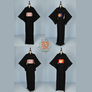 vintage古着复古日本传统民族服装 217 印花黑色长外套舞台和服17