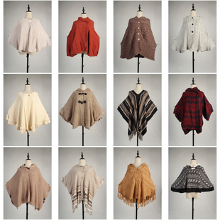 DA384古着vintage日系甜美文艺森系女装春秋针织毛线流苏披肩斗篷