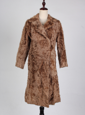TM230-03144古着vintage秋冬真皮草羚羊毛中长款大衣复古风外套女