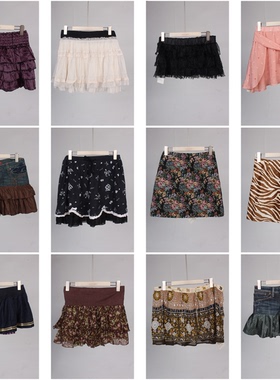 BK501古着vintage短裙牛仔雪纺花色拼接格子日系原宿蛋糕裙半身裙