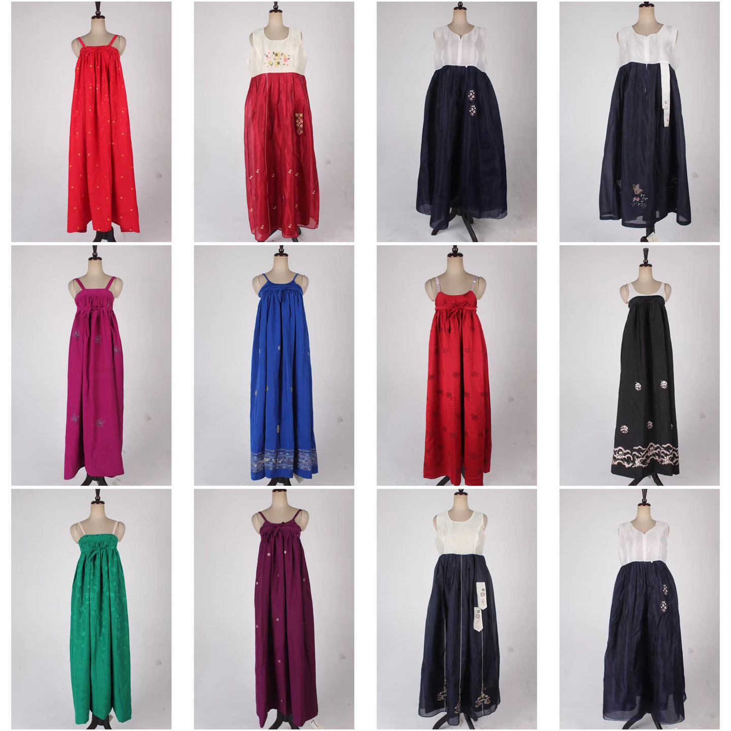 vintage古着韩国制印花绣花刺绣长裙无袖吊带背心女士传统韩服16