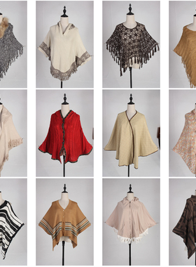 DA310vintage古着日系中古文艺复古风针织毛线流苏秋冬披肩斗篷女