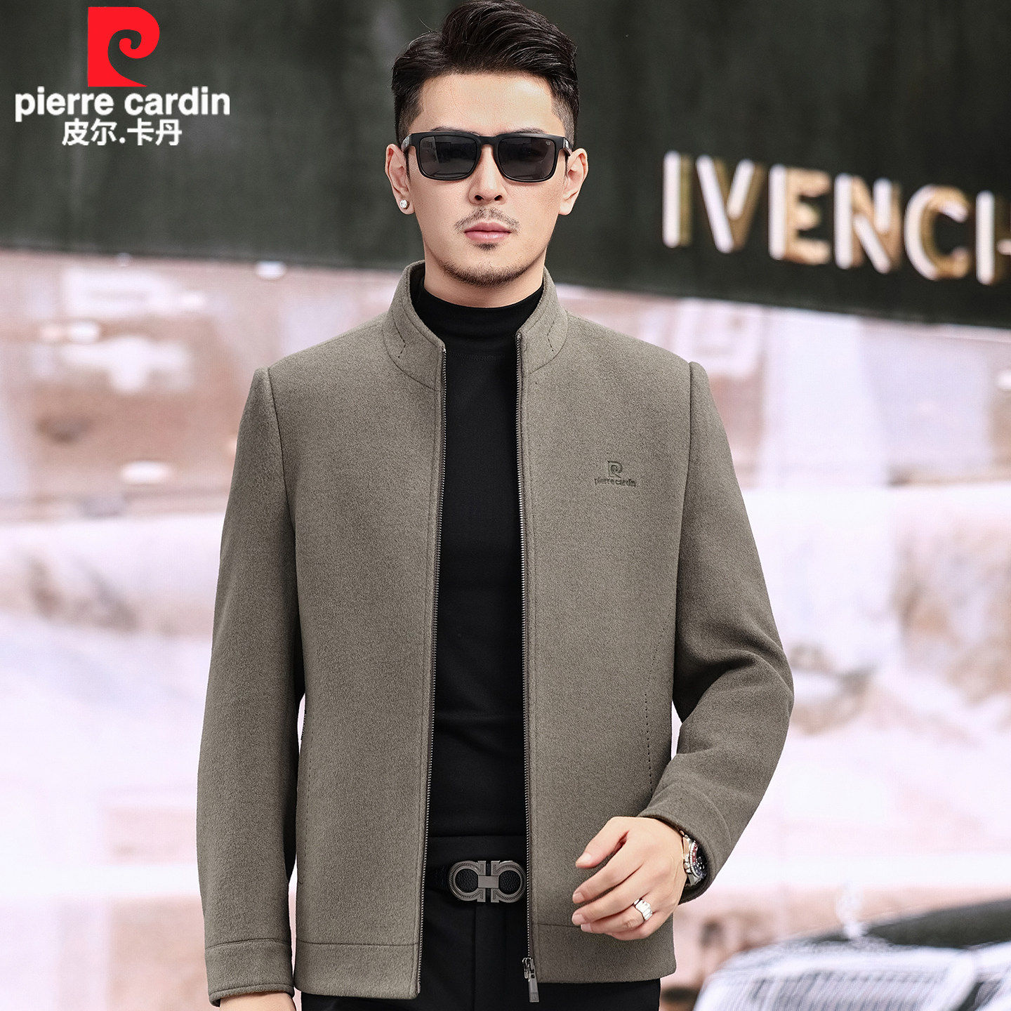 皮尔卡丹双面呢大衣男春秋冬季男装羊毛呢子爸爸夹克中年休闲外套