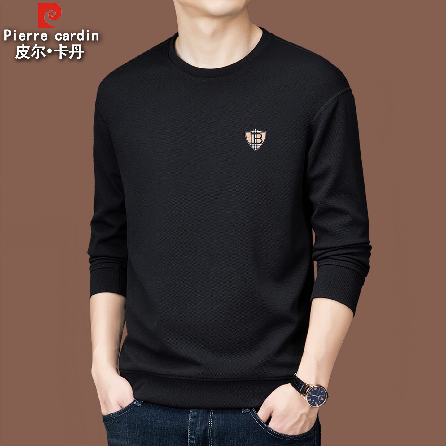 皮尔卡丹男士长袖t恤薄款2025春秋纯棉圆领卫衣男秋装上衣打底衫