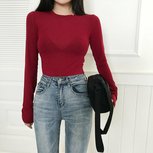 修身 韩版 显瘦纯色长袖 t恤女薄款 2018秋季 微透紧身体恤打底衫 新款