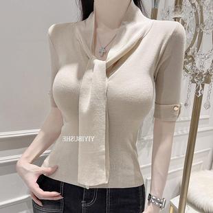 御姐范领带显腰细短袖 OnoevZJ620职场女人味 薄针织T恤ue