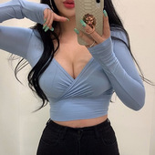 当天发 T恤be 深V领女人味紧身长袖 韩国 YX215性感显胸大