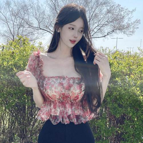 OnoevYL168清新田园小碎花~性感露肩泡泡袖褶皱衬衫se