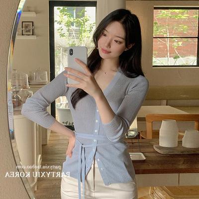 现货 Onoev 温柔韩系V领纯色系带长袖针织衫11588