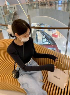 Onoev秋季新款圆领修身拼接螺纹纯色T恤082313