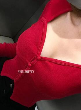 当天发 OnoevZB262很女人的正红色 桃心领显胸亲肤长袖T恤