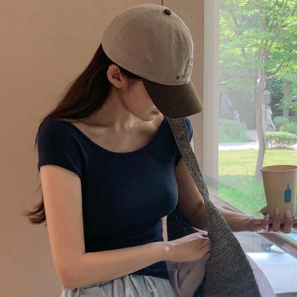 现货~Onoev24夏装新复古淑女百搭圆领修身显瘦短袖T恤女