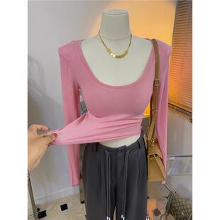 性感的毫不费力~薄款微透大圆领长袖T恤女紧身显胸大打底衫上衣秋